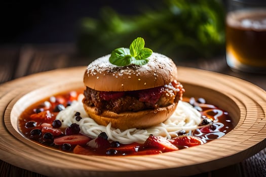 a hamburger with sauce and berries on a plate. AI-Generated photo