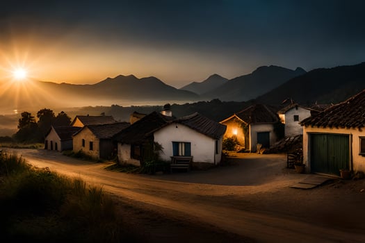 photo wallpaper the sky, mountains, sunset, the village, the road, the village, the. AI-Generated