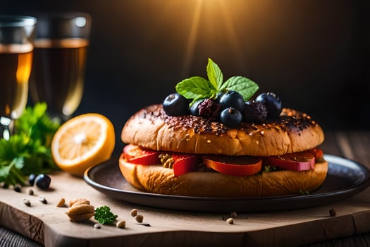 a bagel with blueberries and tomatoes on a plate. AI-Generated photo