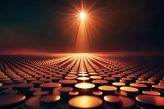 a large group of circles with a bright light shining above them. AI-Generated photo