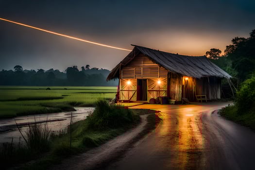 a small wooden house sits on the side of a road at dusk. AI-Generated photo