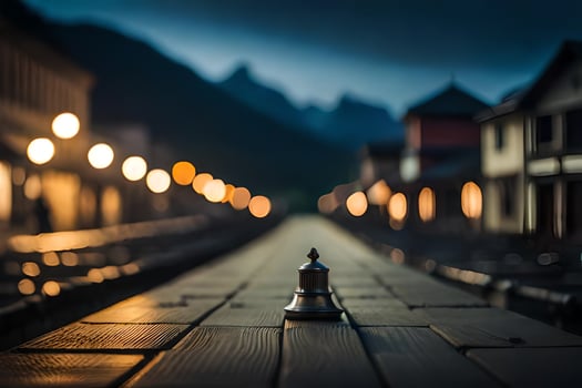 a small bell sits on a wooden boardwalk in front of a mountain. AI-Generated photo