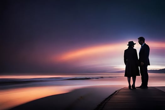 a couple standing on a pier looking at the ocean. AI-Generated photo