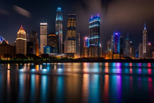the city skyline at night with lights reflecting in the water. AI-Generated photo