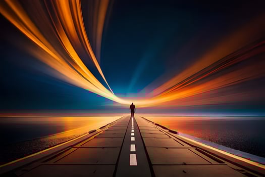 a man standing on a long bridge with a long trail of light. AI-Generated photo