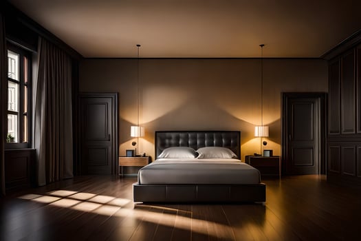 a bedroom with dark wood floors and a bed. AI-Generated photo
