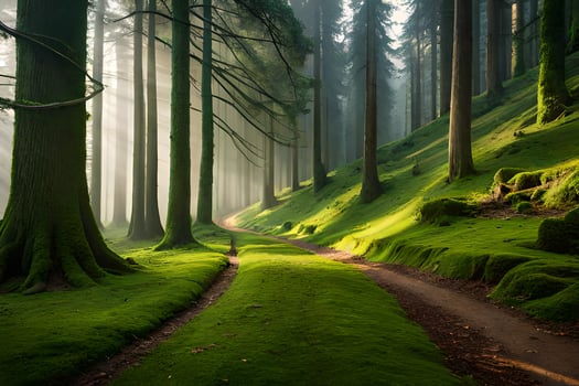 a path through a forest with trees and moss. AI-Generated photo