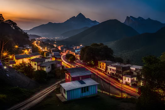 a town at dusk with mountains in the background. AI-Generated photo