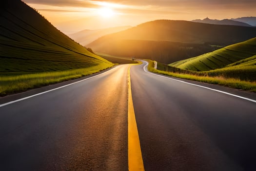 the sun is setting over a road in the mountains. AI-Generated photo
