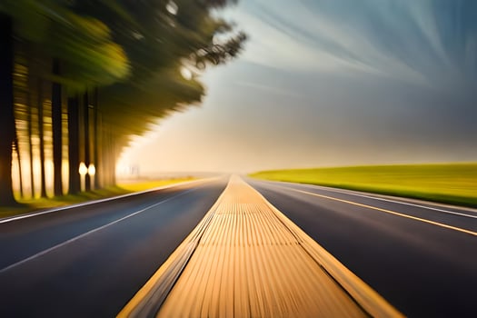 a blurry image of a road with trees and grass. AI-Generated photo