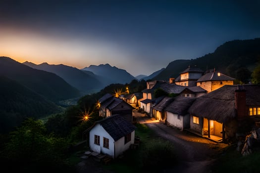 a village at dusk in the mountains. AI-Generated photo