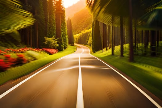 a blurry image of a road in the middle of a forest. AI-Generated photo