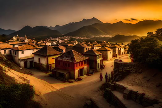 a village at sunset with mountains in the background. AI-Generated photo