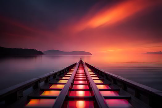 a long wooden pier with bright lights on it. AI-Generated photo