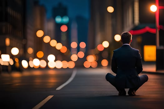 a man in a suit sits on the street at night. AI-Generated photo
