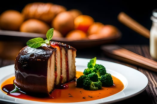 a piece of cake on a plate with broccoli. AI-Generated photo