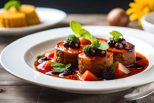 a plate of food with meat and berries. AI-Generated photo
