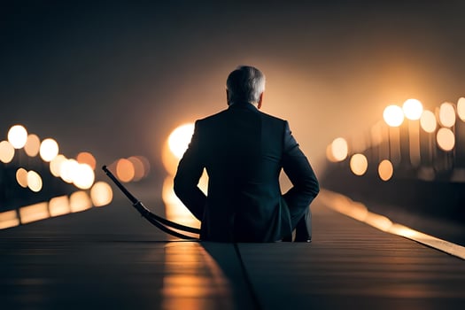 a man in a suit sitting on a bridge at night. AI-Generated photo