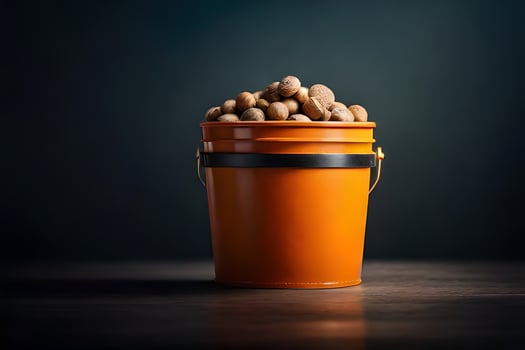 a bucket filled with nuts on a dark table. AI-Generated photo