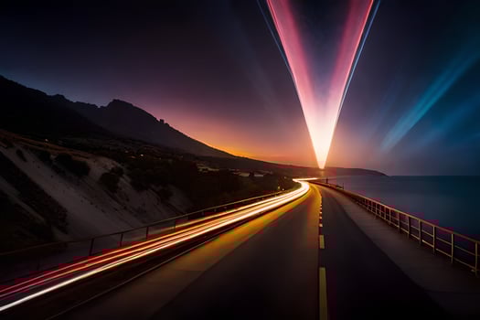 a long exposure photo of a road with light trails. AI-Generated
