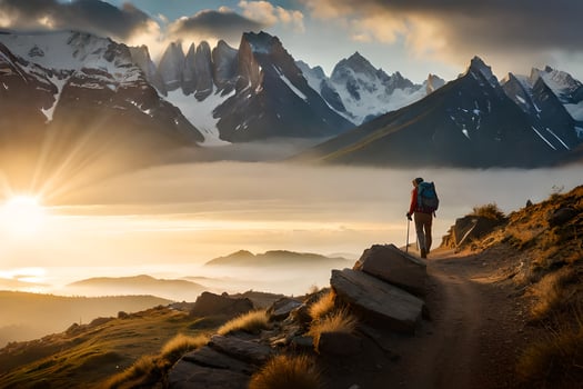 a man walks up a mountain trail at sunrise. AI-Generated photo