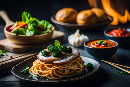 spaghetti with meat and vegetables on a plate. AI-Generated photo