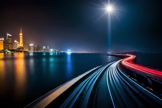 a long exposure photo of a train traveling along a track. AI-Generated