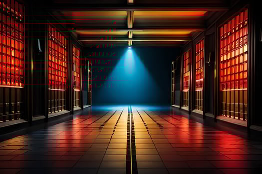 a long hallway with red and blue lights. AI-Generated photo
