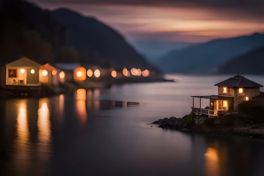 a small house sits on the edge of a lake at night. AI-Generated photo