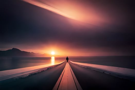 a man stands on a pier looking at the sun. AI-Generated photo
