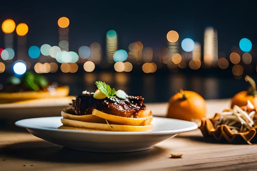 a plate of food with a cityscape in the background. AI-Generated photo