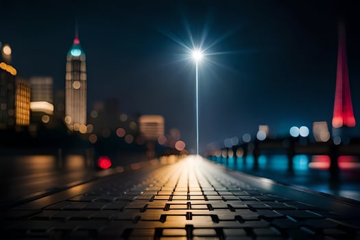 a city at night with a light shining on the road. AI-Generated photo