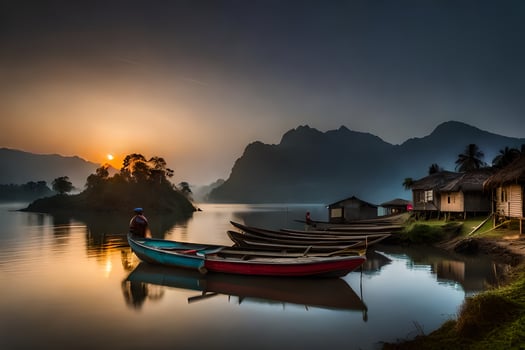 boats docked on the shore of a lake at sunrise. AI-Generated photo