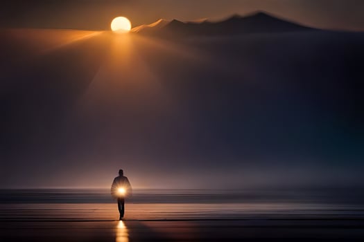 a man walking on the beach with the sun setting behind him. AI-Generated photo