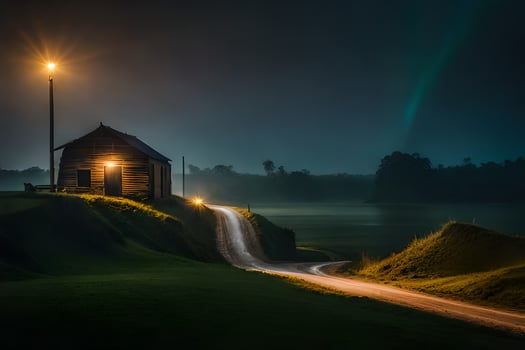 a small cabin in the middle of a field at night. AI-Generated photo