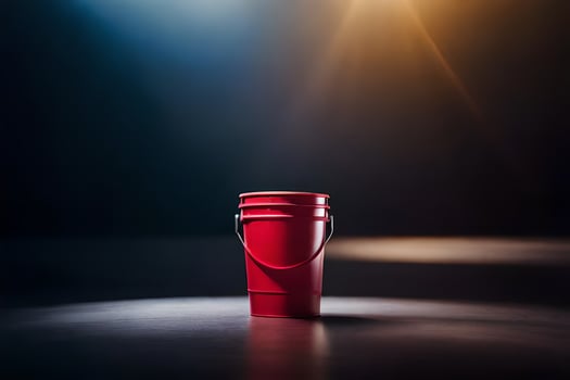 a red bucket on a dark floor with bright lights. AI-Generated photo