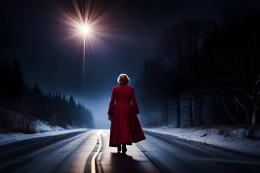a woman in a red coat walks down a snowy road at night. AI-Generated photo