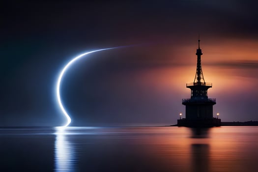 a lighthouse in the middle of the ocean at night. AI-Generated photo