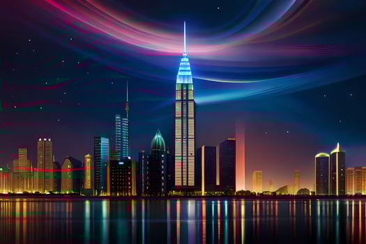 the city skyline is illuminated by the lights of the city. AI-Generated photo
