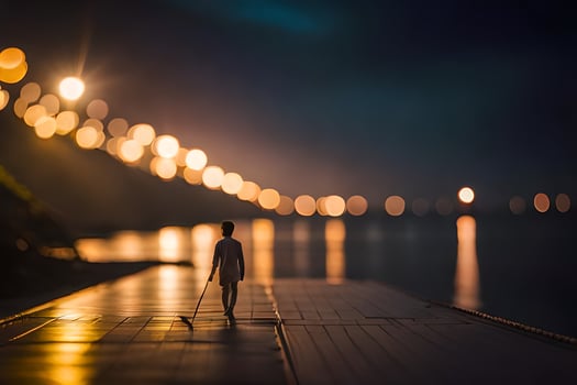 a person walking on a pier at night with lights in the background. AI-Generated photo