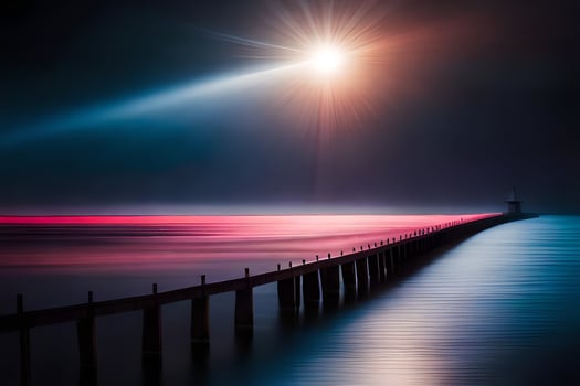 a pier with a light shining over it at night. AI-Generated photo