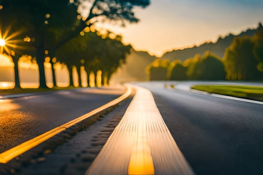 a road with the sun setting behind it. AI-Generated photo