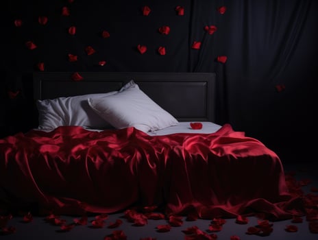 AI Generated AI generation. Romantic Valentines Day background with bed with red linens, rose petals photo