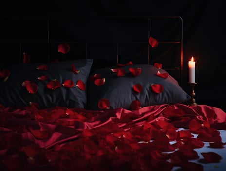AI Generated AI generation. Romantic Valentines Day background with bed with red linens, rose petals photo