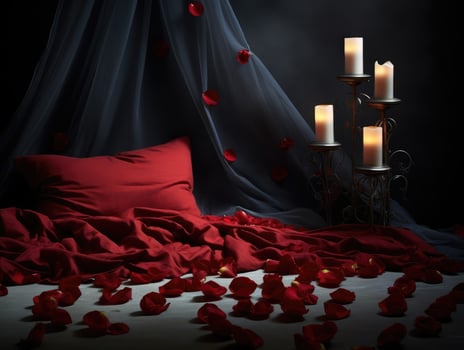 AI Generated AI generation. Romantic Valentines Day background with bed with red linens, rose petals photo