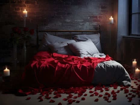 AI Generated AI generation. Romantic Valentines Day background with bed with red linens, rose petals photo