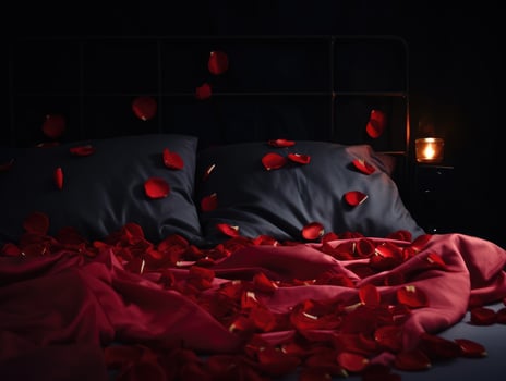 AI Generated AI generation. Romantic Valentines Day background with bed with red linens, rose petals photo