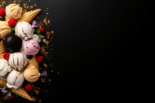 Ice cream with berries and chocolate on a black background photo