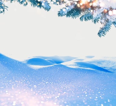 Christmas winter background with snow and blurred bokeh.Merry christmas and happy new year greeting card. Frozen winter forest with snow covered trees. photo