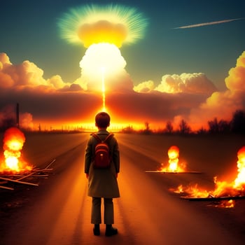 Generative AI fantasies on the topic of nuclear conflict. Horror that children can see. Anti-war concept. photo